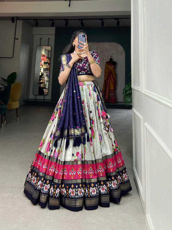 Women's Tusser Silk Floral Print Lehenga Choli with Foil Work & Gotta Patti Dupatta