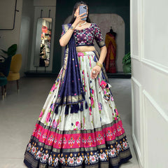 Women's Tusser Silk Floral Print Lehenga Choli with Foil Work & Gotta Patti Dupatta