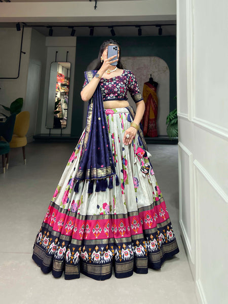 Women's Tusser Silk Floral Print Lehenga Choli with Foil Work & Gotta Patti Dupatta