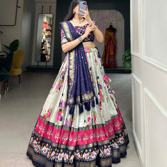 Women's Tusser Silk Floral Print Lehenga Choli with Foil Work & Gotta Patti Dupatta