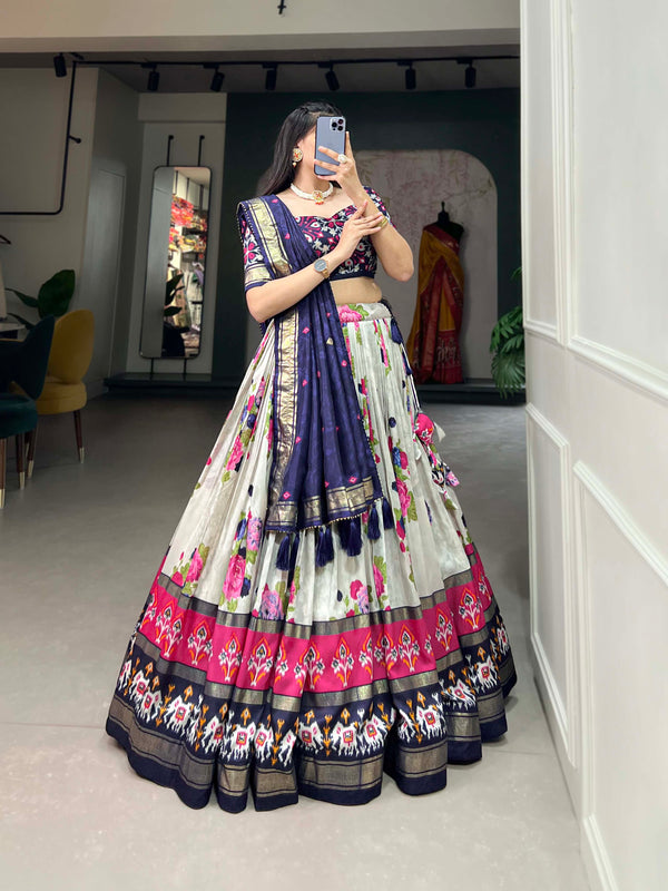 Women's Tusser Silk Floral Print Lehenga Choli with Foil Work & Gotta Patti Dupatta