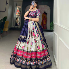 Women's Tusser Silk Floral Print Lehenga Choli with Foil Work & Gotta Patti Dupatta