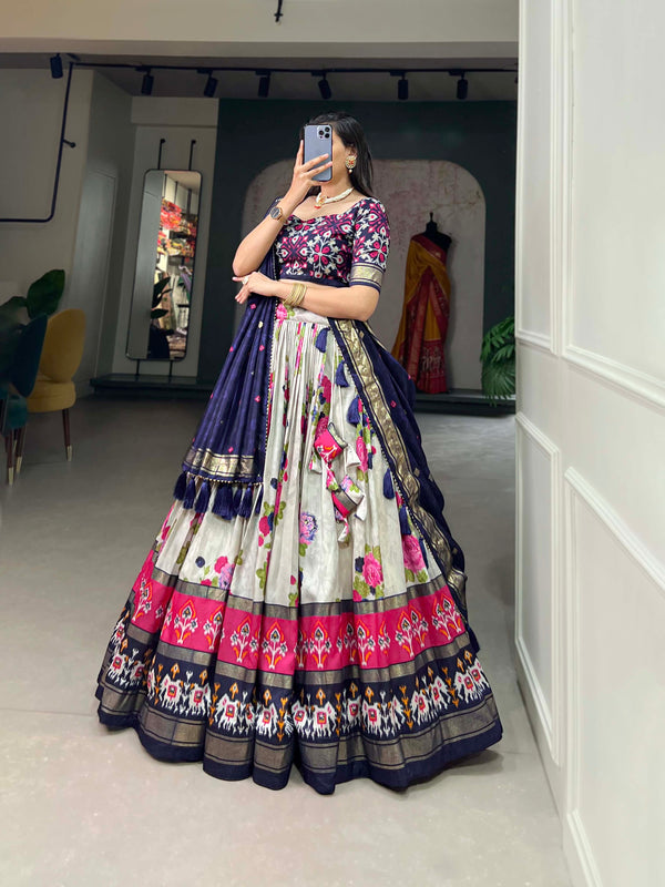 Women's Tusser Silk Floral Print Lehenga Choli with Foil Work & Gotta Patti Dupatta