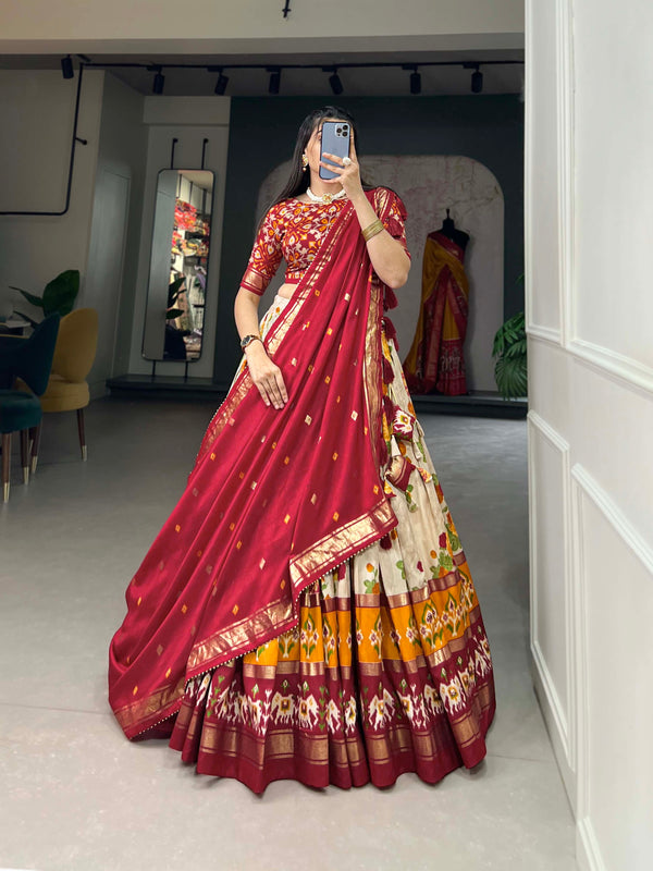 Women's Tusser Silk Floral Print Lehenga Choli with Foil Work & Gotta Patti Dupatta
