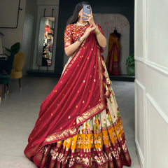 Women's Tusser Silk Floral Print Lehenga Choli with Foil Work & Gotta Patti Dupatta