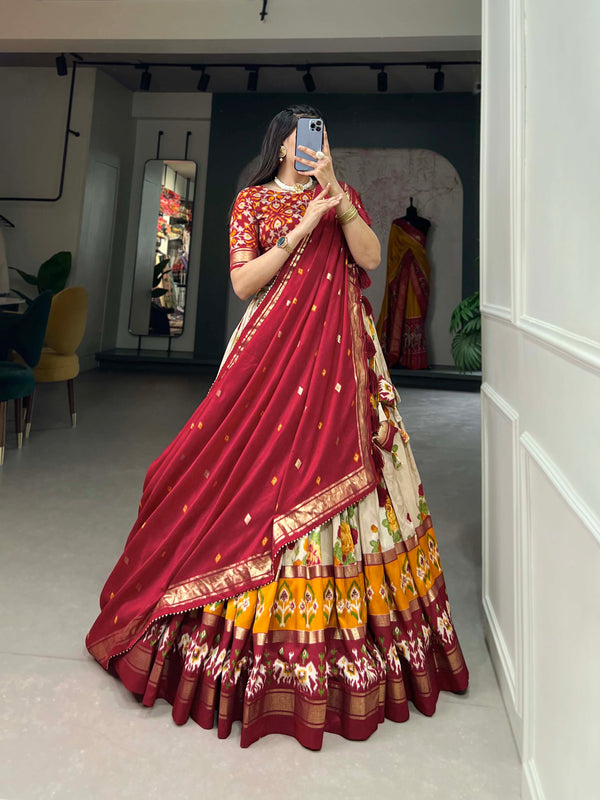 Women's Tusser Silk Floral Print Lehenga Choli with Foil Work & Gotta Patti Dupatta