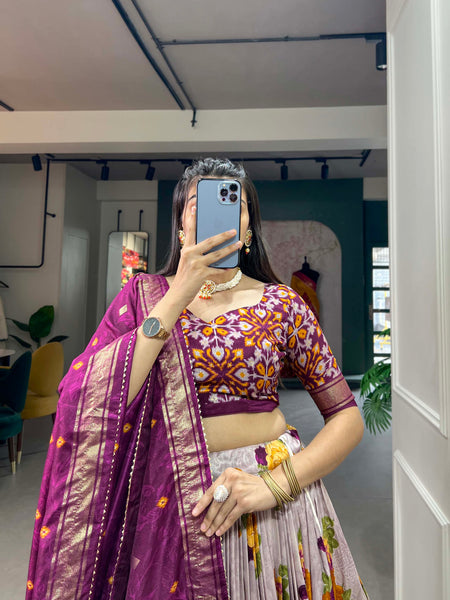 Women's Tusser Silk Floral Print Lehenga Choli with Foil Work & Gotta Patti Dupatta