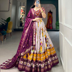 Women's Tusser Silk Floral Print Lehenga Choli with Foil Work & Gotta Patti Dupatta