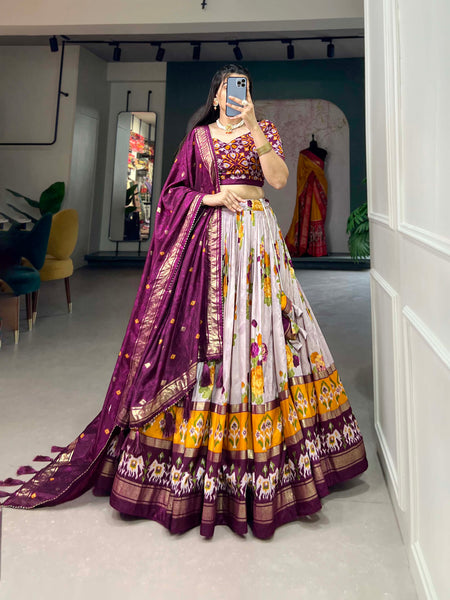 Women's Tusser Silk Floral Print Lehenga Choli with Foil Work & Gotta Patti Dupatta