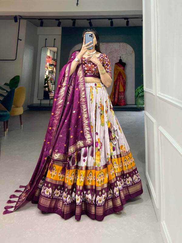 Women's Tusser Silk Floral Print Lehenga Choli with Foil Work & Gotta Patti Dupatta