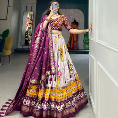 Women's Tusser Silk Floral Print Lehenga Choli with Foil Work & Gotta Patti Dupatta