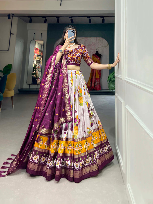 Women's Tusser Silk Floral Print Lehenga Choli with Foil Work & Gotta Patti Dupatta