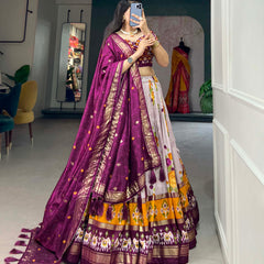 Women's Tusser Silk Floral Print Lehenga Choli with Foil Work & Gotta Patti Dupatta