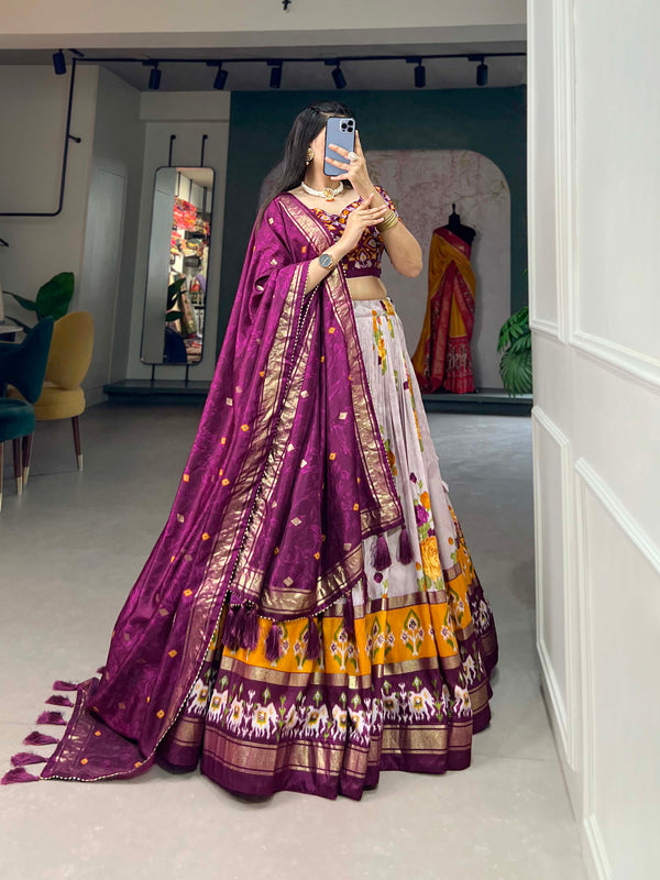 Women's Tusser Silk Floral Print Lehenga Choli with Foil Work & Gotta Patti Dupatta