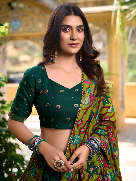 Women's Tusser Silk Kalamkari Print Lehenga Choli with Foil Work & Gotta Patti Dupatta