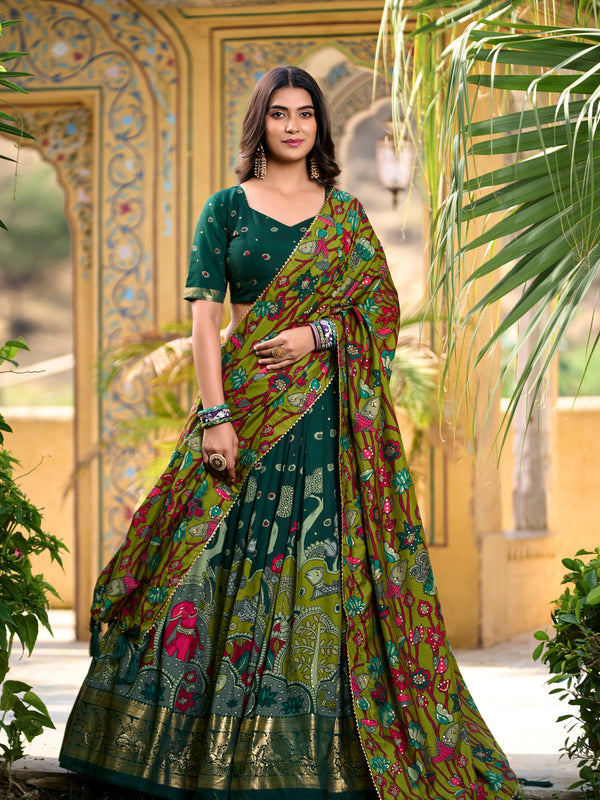 Women's Tusser Silk Kalamkari Print Lehenga Choli with Foil Work & Gotta Patti Dupatta