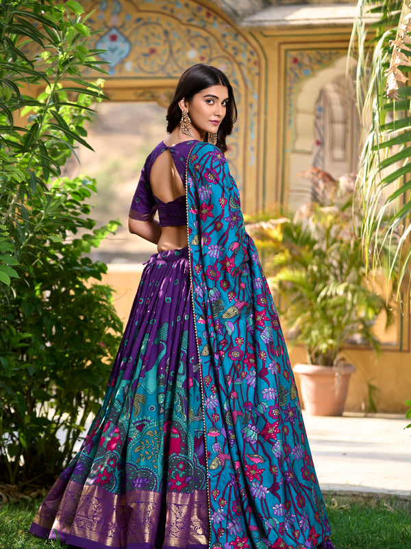 Women's Tusser Silk Kalamkari Print Lehenga Choli with Foil Work & Gotta Patti Dupatta