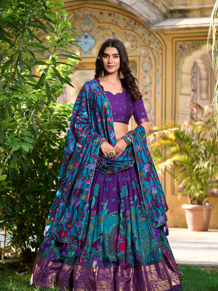 Women's Tusser Silk Kalamkari Print Lehenga Choli with Foil Work & Gotta Patti Dupatta