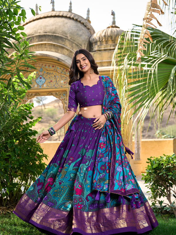 Women's Tusser Silk Kalamkari Print Lehenga Choli with Foil Work & Gotta Patti Dupatta