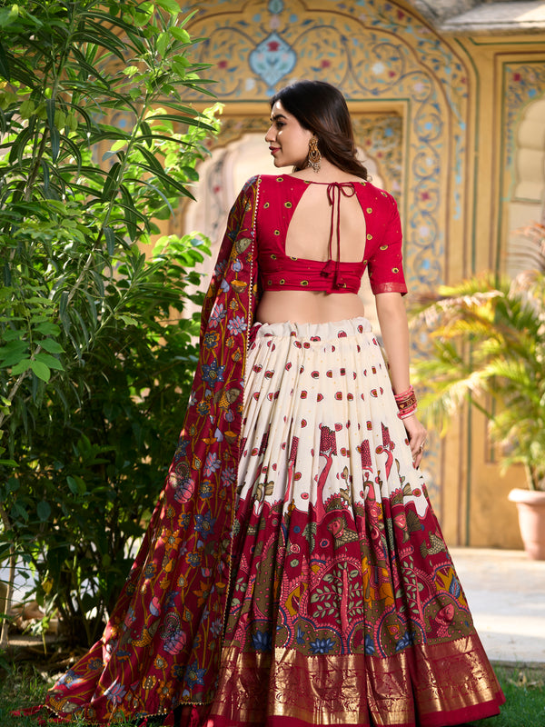 Women's Tusser Silk Kalamkari Print Lehenga Choli with Foil Work & Gotta Patti Dupatta