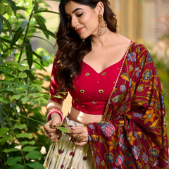 Women's Tusser Silk Kalamkari Print Lehenga Choli with Foil Work & Gotta Patti Dupatta