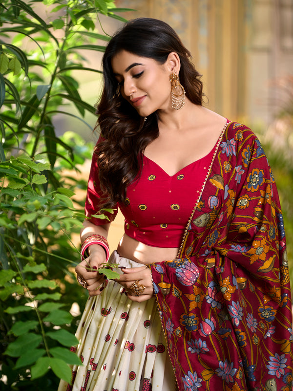Women's Tusser Silk Kalamkari Print Lehenga Choli with Foil Work & Gotta Patti Dupatta