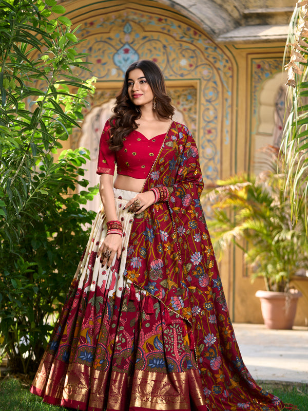 Women's Tusser Silk Kalamkari Print Lehenga Choli with Foil Work & Gotta Patti Dupatta