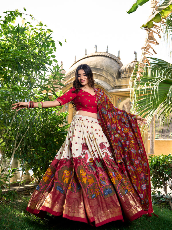 Women's Tusser Silk Kalamkari Print Lehenga Choli with Foil Work & Gotta Patti Dupatta