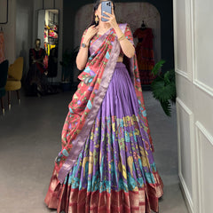 Women's Tusser Silk Jacquard Lehenga Choli with Floral Foil Work & Gotta Patti Dupatta