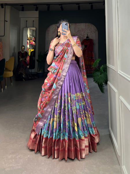 Women's Tusser Silk Jacquard Lehenga Choli with Floral Foil Work & Gotta Patti Dupatta