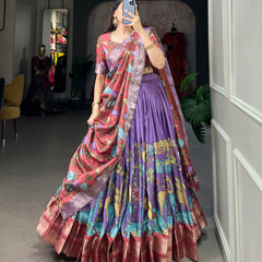 Women's Tusser Silk Jacquard Lehenga Choli with Floral Foil Work & Gotta Patti Dupatta