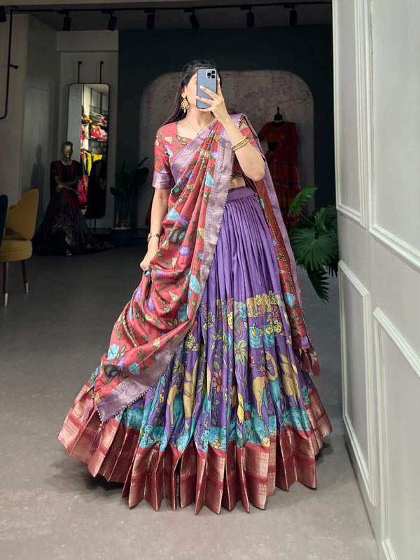 Women's Tusser Silk Jacquard Lehenga Choli with Floral Foil Work & Gotta Patti Dupatta