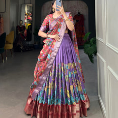 Women's Tusser Silk Jacquard Lehenga Choli with Floral Foil Work & Gotta Patti Dupatta