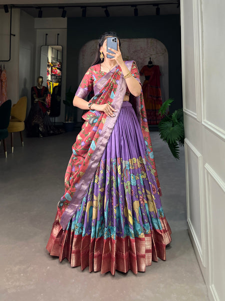 Women's Tusser Silk Jacquard Lehenga Choli with Floral Foil Work & Gotta Patti Dupatta