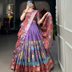 Women's Tusser Silk Jacquard Lehenga Choli with Floral Foil Work & Gotta Patti Dupatta