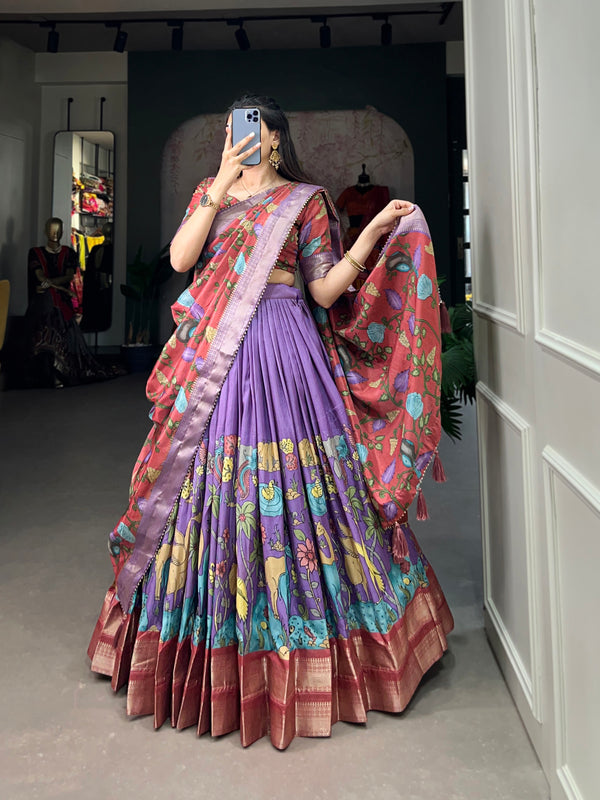 Women's Tusser Silk Jacquard Lehenga Choli with Floral Foil Work & Gotta Patti Dupatta