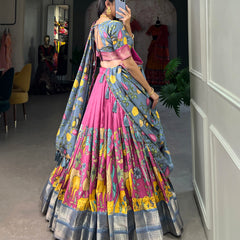 Women's Tusser Silk Jacquard Lehenga Choli with Floral Foil Work & Gotta Patti Dupatta