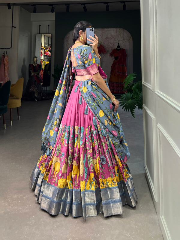Women's Tusser Silk Jacquard Lehenga Choli with Floral Foil Work & Gotta Patti Dupatta