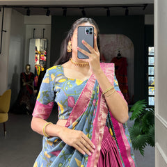 Women's Tusser Silk Jacquard Lehenga Choli with Floral Foil Work & Gotta Patti Dupatta