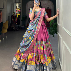 Women's Tusser Silk Jacquard Lehenga Choli with Floral Foil Work & Gotta Patti Dupatta