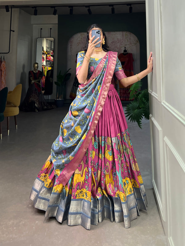 Women's Tusser Silk Jacquard Lehenga Choli with Floral Foil Work & Gotta Patti Dupatta
