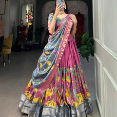 Women's Tusser Silk Jacquard Lehenga Choli with Floral Foil Work & Gotta Patti Dupatta