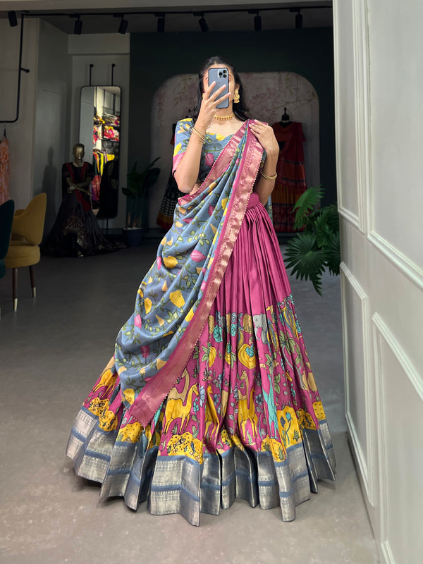 Women's Tusser Silk Jacquard Lehenga Choli with Floral Foil Work & Gotta Patti Dupatta