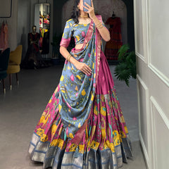 Women's Tusser Silk Jacquard Lehenga Choli with Floral Foil Work & Gotta Patti Dupatta
