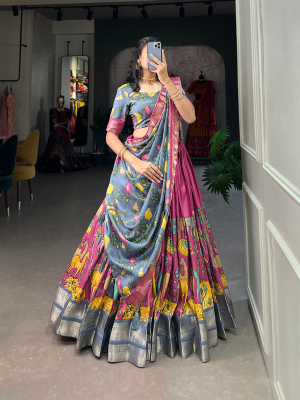 Women's Tusser Silk Jacquard Lehenga Choli with Floral Foil Work & Gotta Patti Dupatta