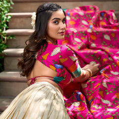 Women's Tusser Silk Jacquard Lehenga Choli with Floral Foil Work & Gotta Patti Dupatta