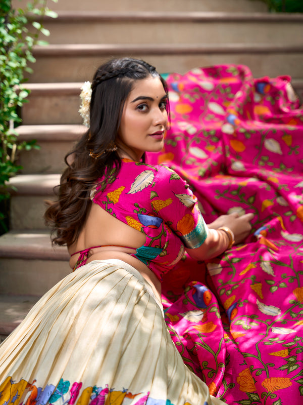 Women's Tusser Silk Jacquard Lehenga Choli with Floral Foil Work & Gotta Patti Dupatta