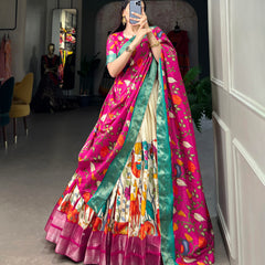 Women's Tusser Silk Jacquard Lehenga Choli with Floral Foil Work & Gotta Patti Dupatta