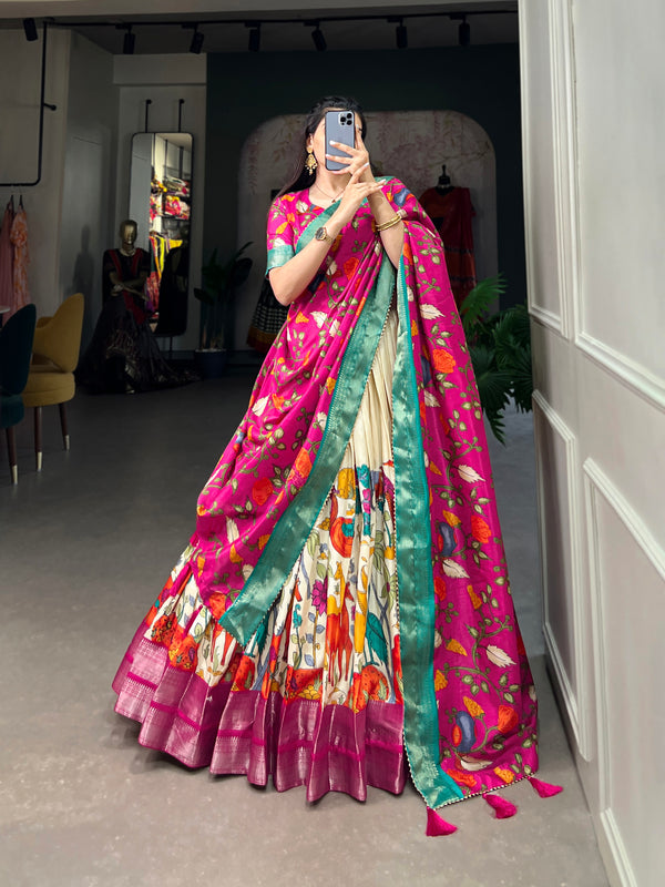 Women's Tusser Silk Jacquard Lehenga Choli with Floral Foil Work & Gotta Patti Dupatta