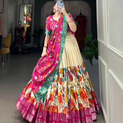 Women's Tusser Silk Jacquard Lehenga Choli with Floral Foil Work & Gotta Patti Dupatta
